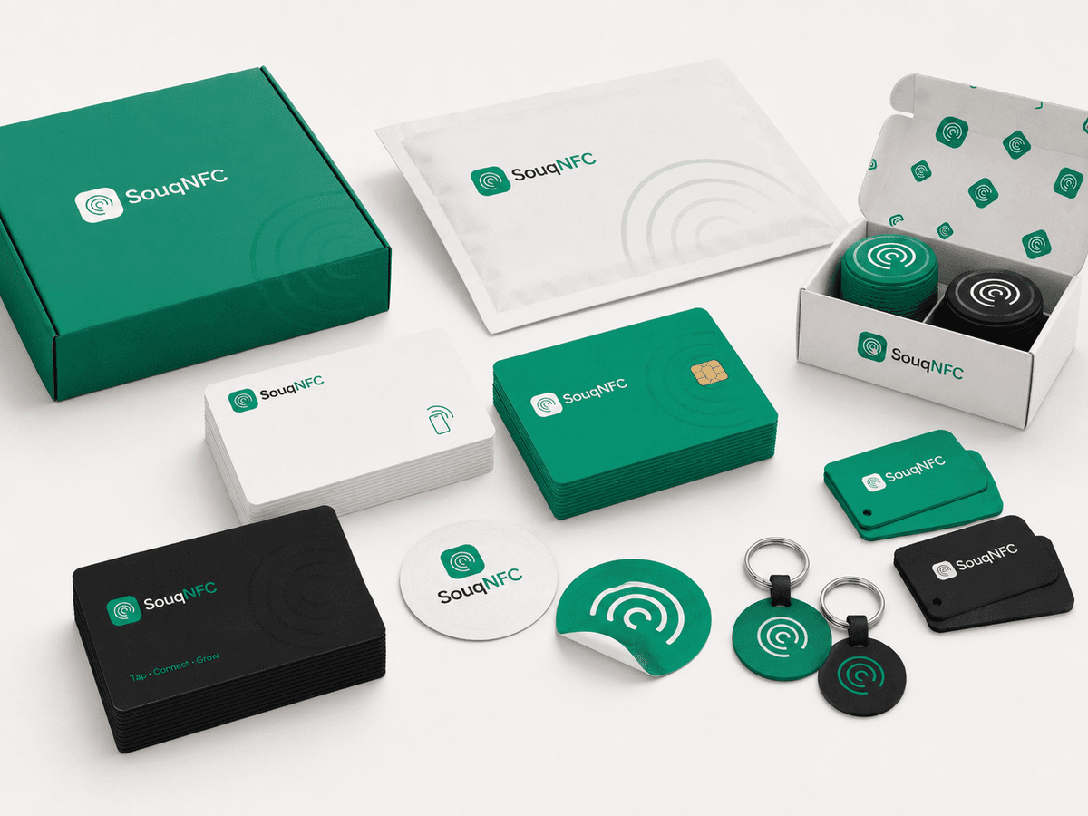 Bulk NFC Products UAE Bulk NFC products UAE including smart business cards, NFC stickers, keychain tags, round tags, and branded packaging.